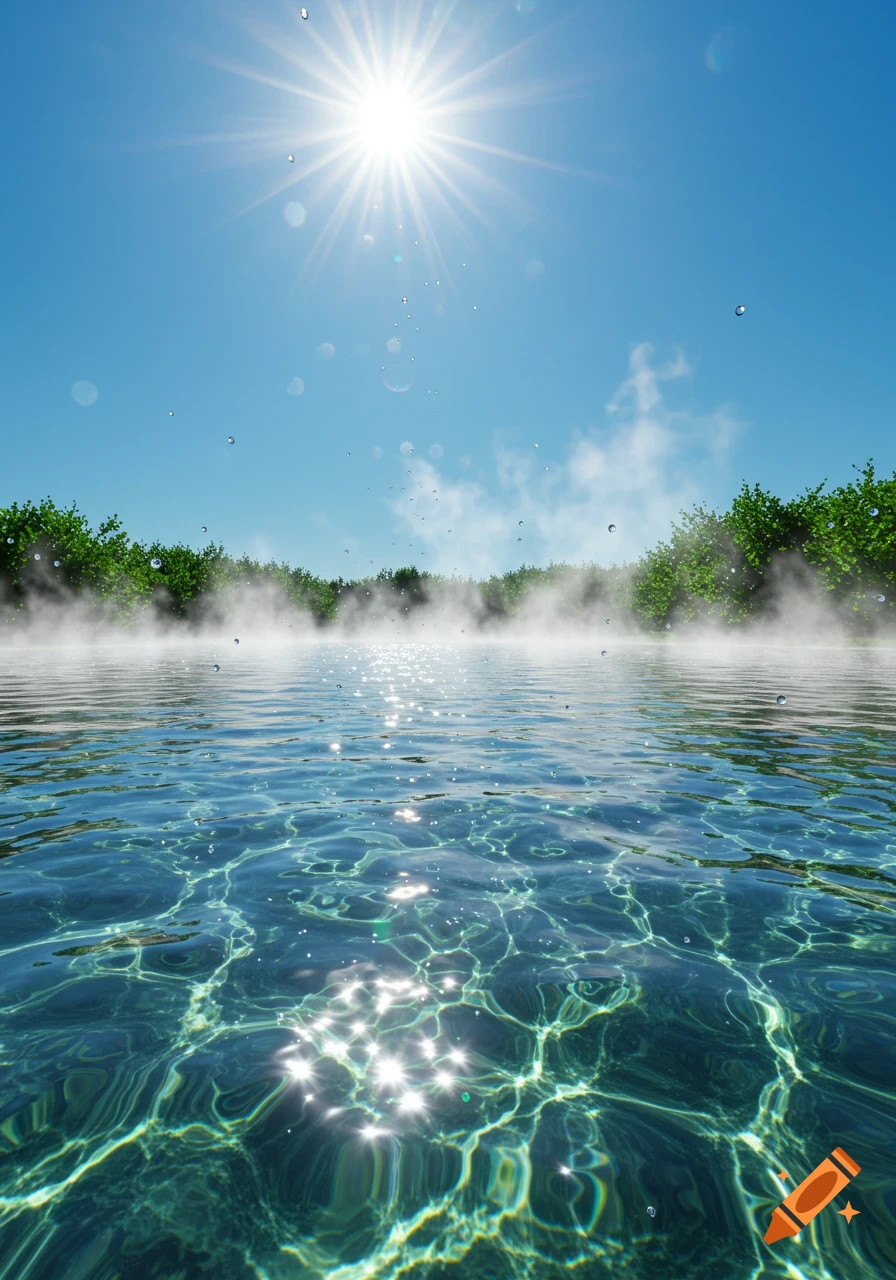 A photorealistic clear water surface sparkles under a bright sun, with mist rising, green trees in the background, and a blue sky.