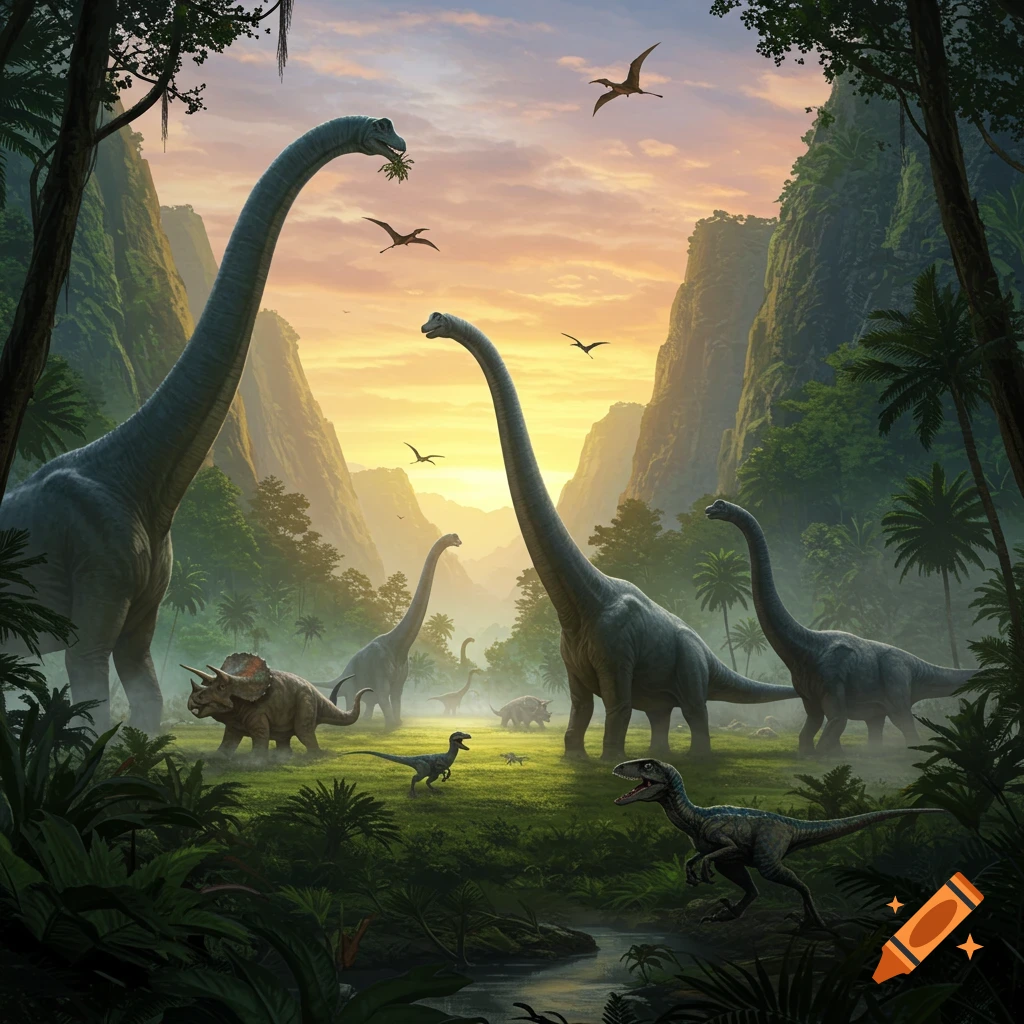 Sauropods, triceratops, and raptors in a lush prehistoric valley at sunset. Pterodactyls fly above mountains.