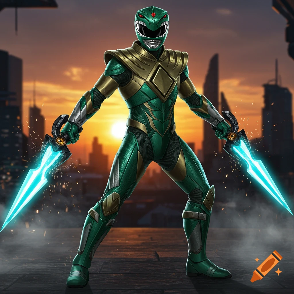 The Green Power Ranger in a sleek, angular suit holds two glowing plasma daggers on a city rooftop at sunset.