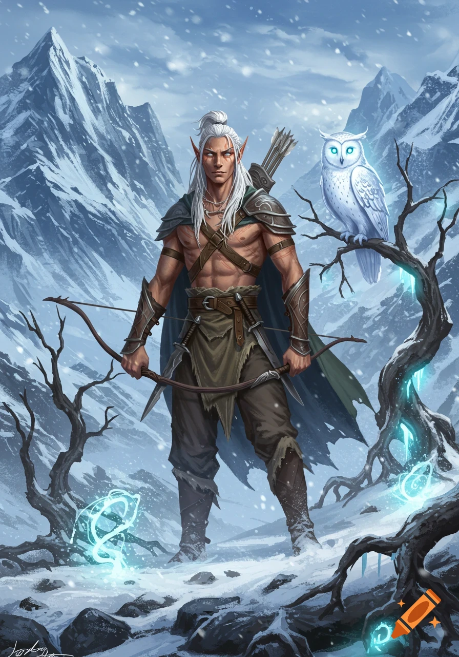A white-haired male elf with a bow stands in a snowy mountain landscape. An ethereal owl perches nearby, magical roots glow. Digital art.