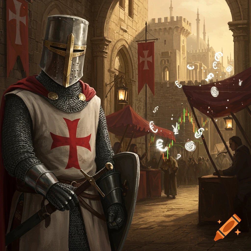 An illustration of a Crusader knight in armor in a medieval market, surrounded by floating currency symbols and a stock trading chart.