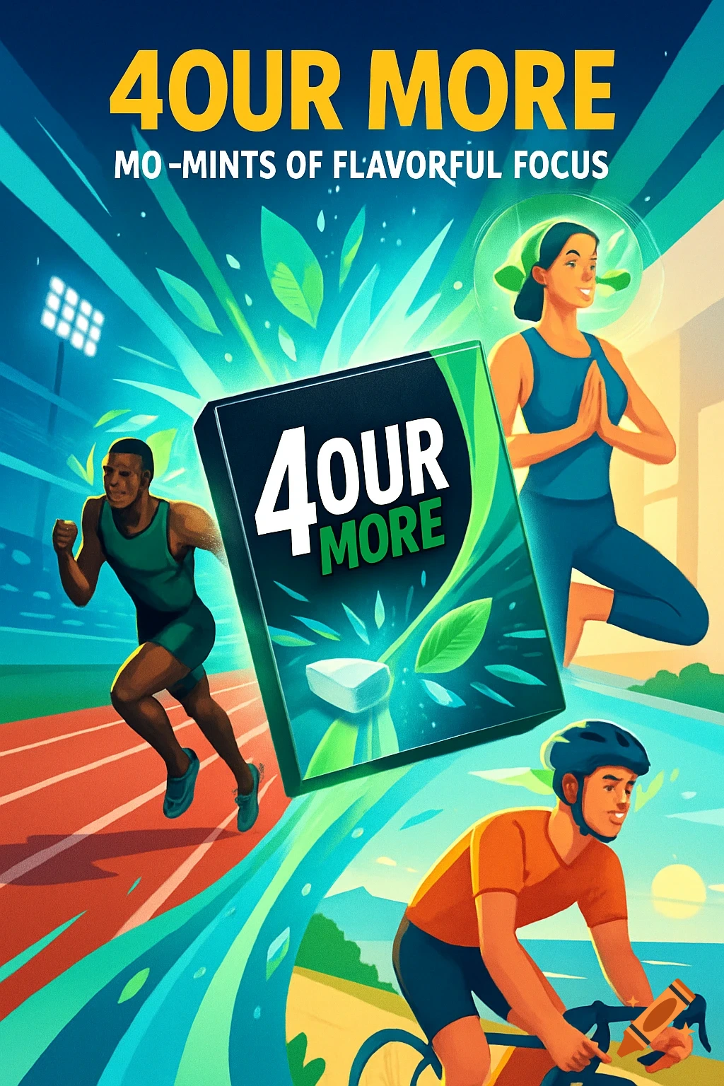Illustrated advertisement for '4our More' gum, showing a runner, cyclist, and a person doing yoga with a vibrant, energetic background.