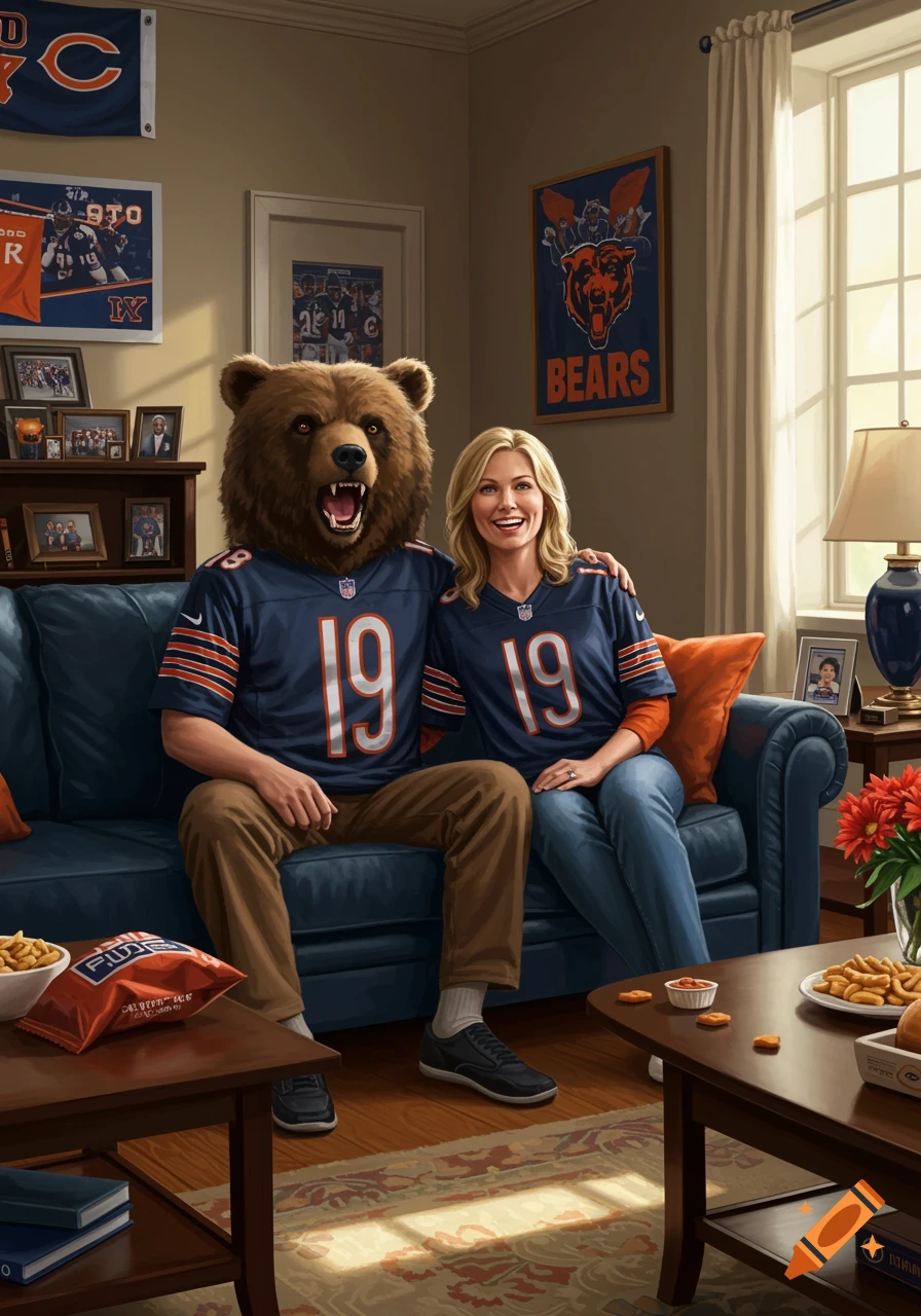An illustrated couple, a woman and a man in a bear mascot head, both wearing Chicago Bears jerseys, sit on a couch in a living room filled with team memorabilia, snacks on coffee tables.