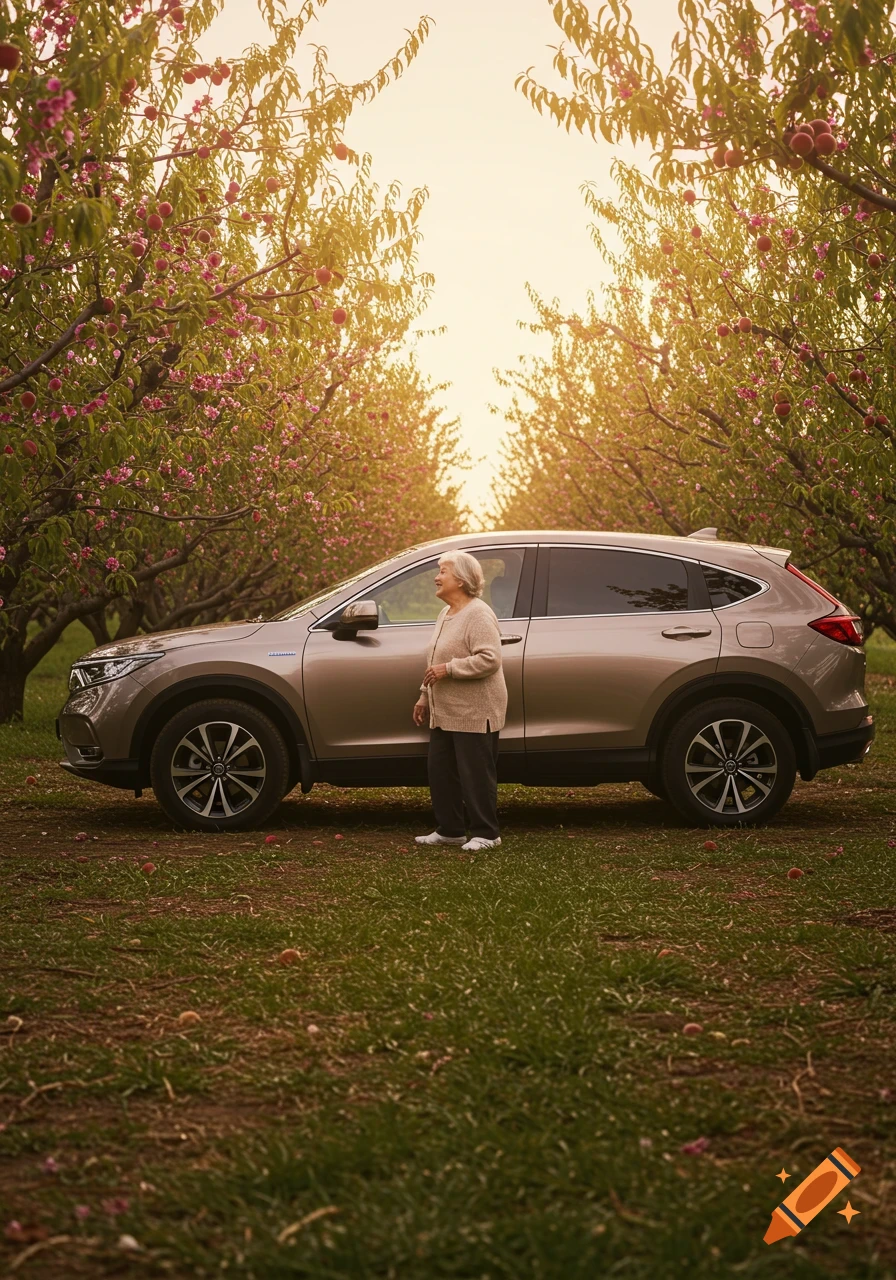 An elderly woman stands smiling next to a beige SUV in a sunlit peach orchard at dusk.