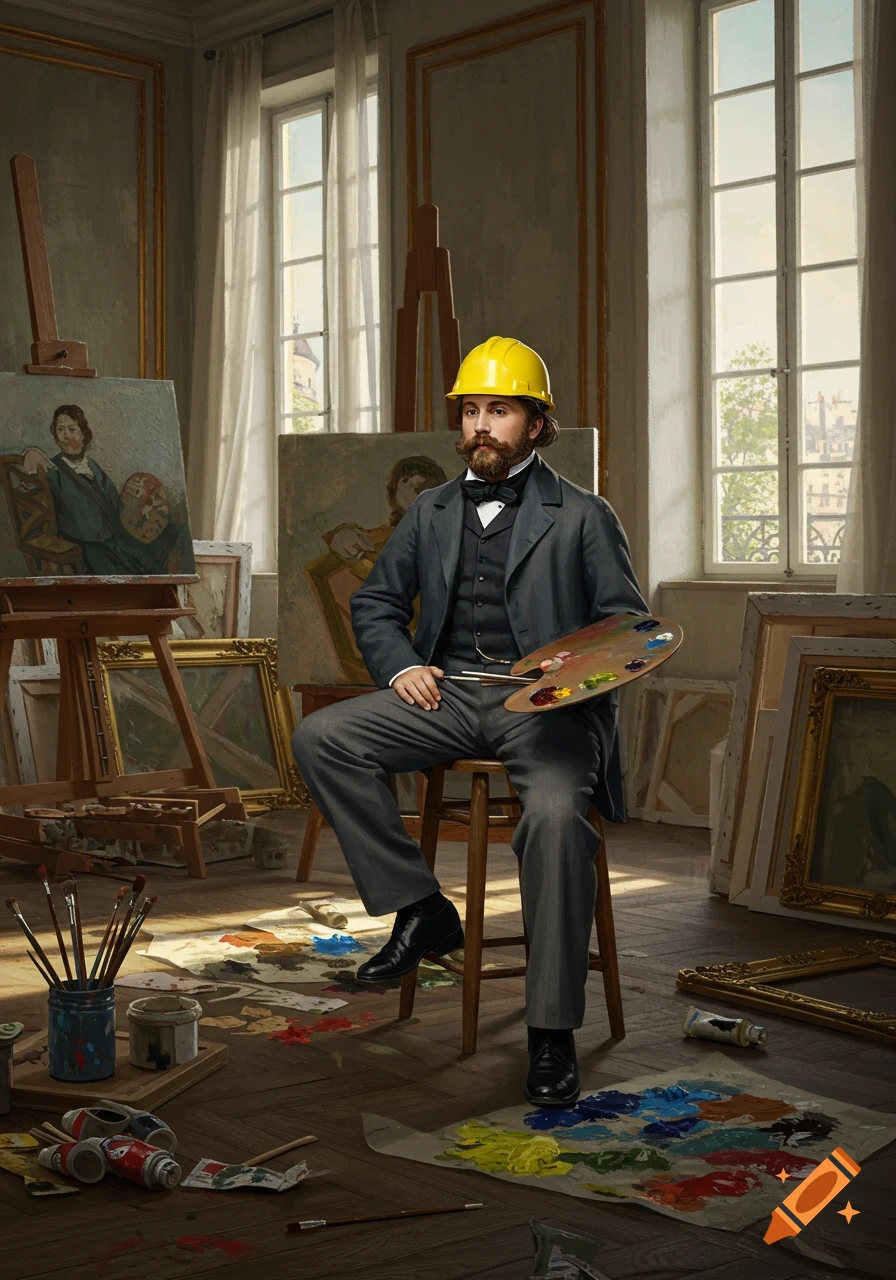 Manet style painting of a bearded man in a suit and yellow hard hat holding a palette in an artist's studio.