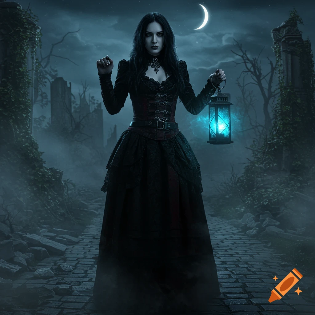 A photorealistic dark fantasy image of a gothic woman in a long black dress holding a glowing blue lantern on a misty, ruined path under a crescent moon.