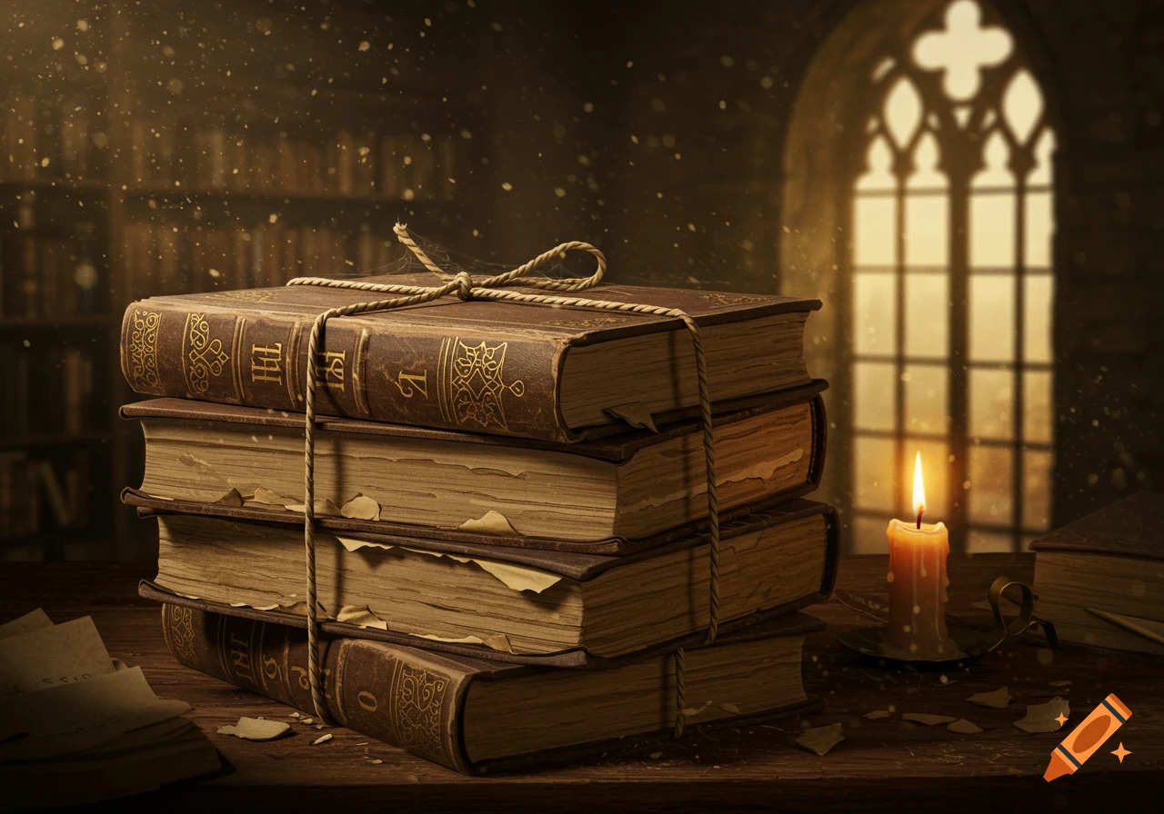 A stack of dusty, string-bound old books sits on a table next to a lit candle in a dim, vintage library with a gothic window.