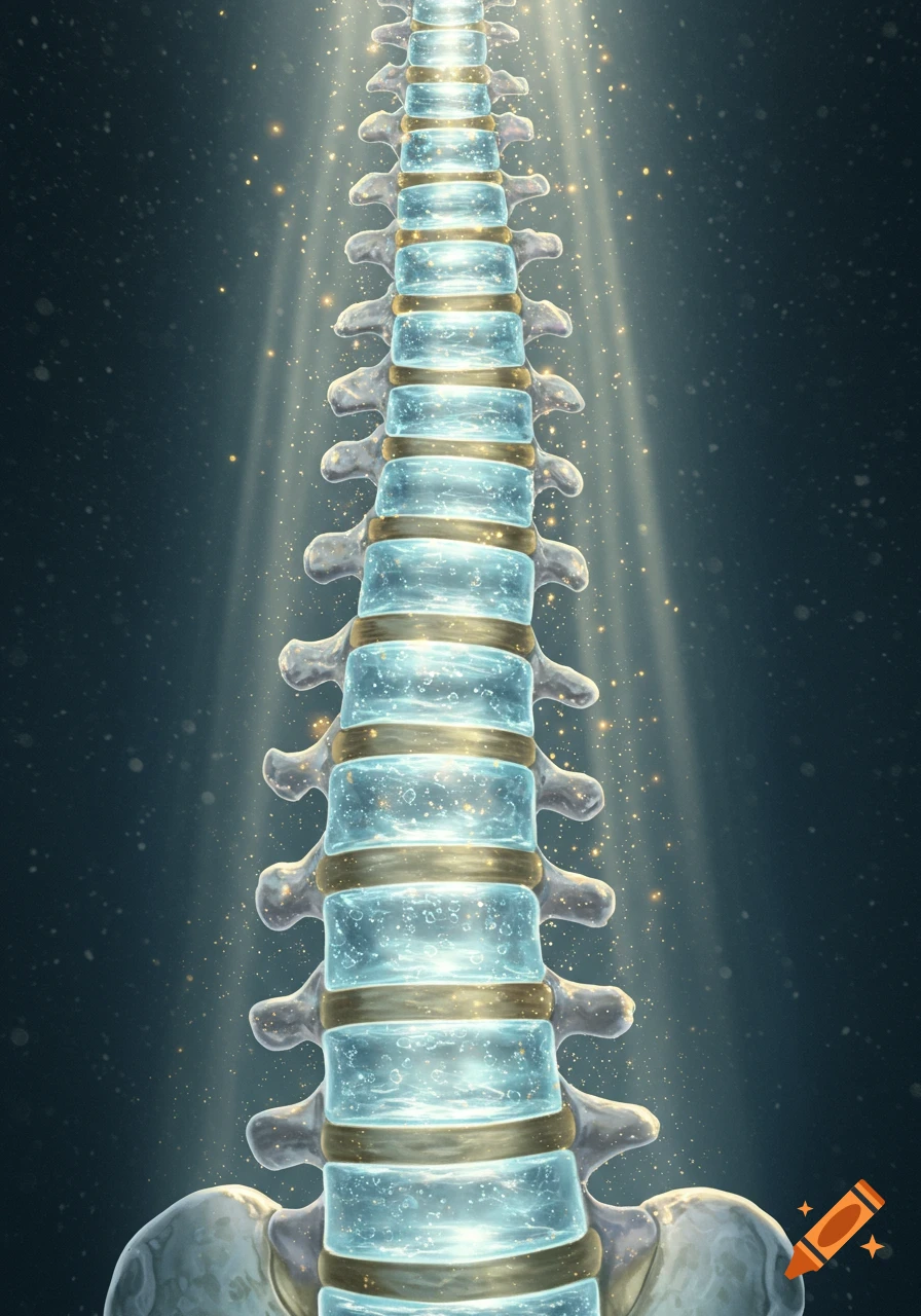 Stylized human spine with glowing blue intervertebral discs, illuminated by golden light rays and sparkling particles on a dark background.