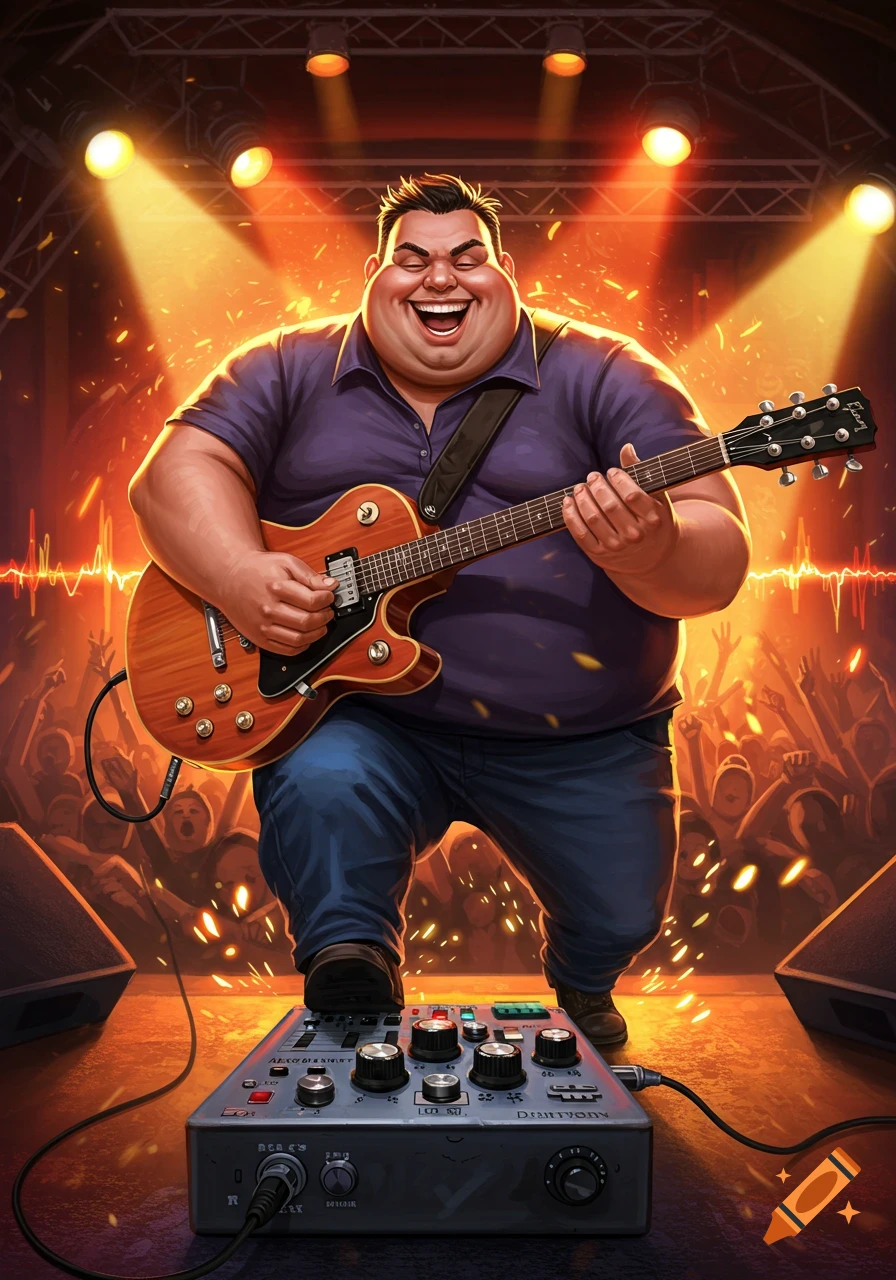 Joyful cartoon man with a big smile playing electric guitar on a brightly lit stage with a large distortion pedal and cheering crowd.