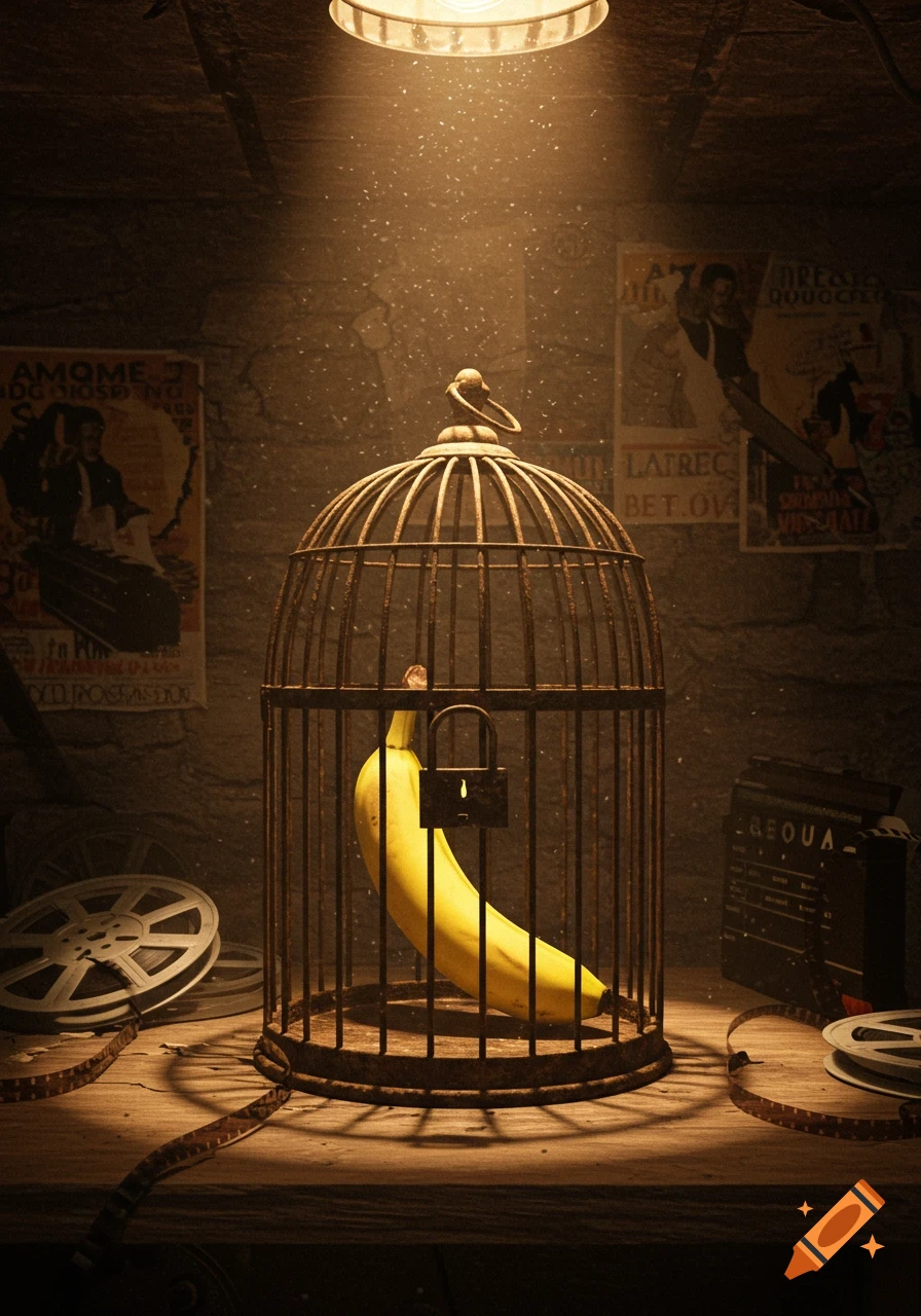 A banana is locked inside a rusty birdcage under a dim light in a dark room with old film reels and posters, in a moody, cinematic style.