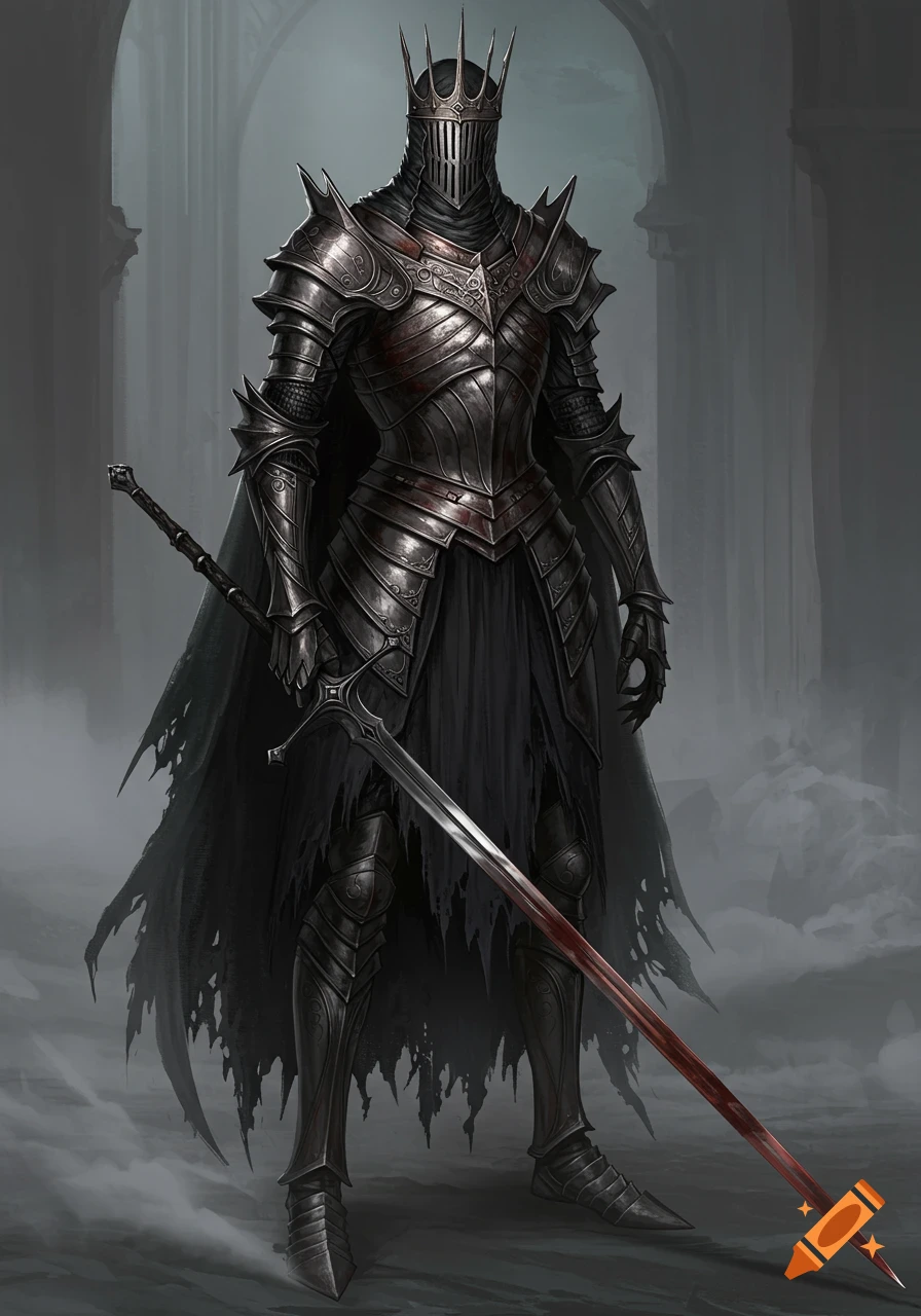 A formidable dark fantasy knight in black, spiked armor and a crown, holding a longsword, stands in a dark, atmospheric hall.