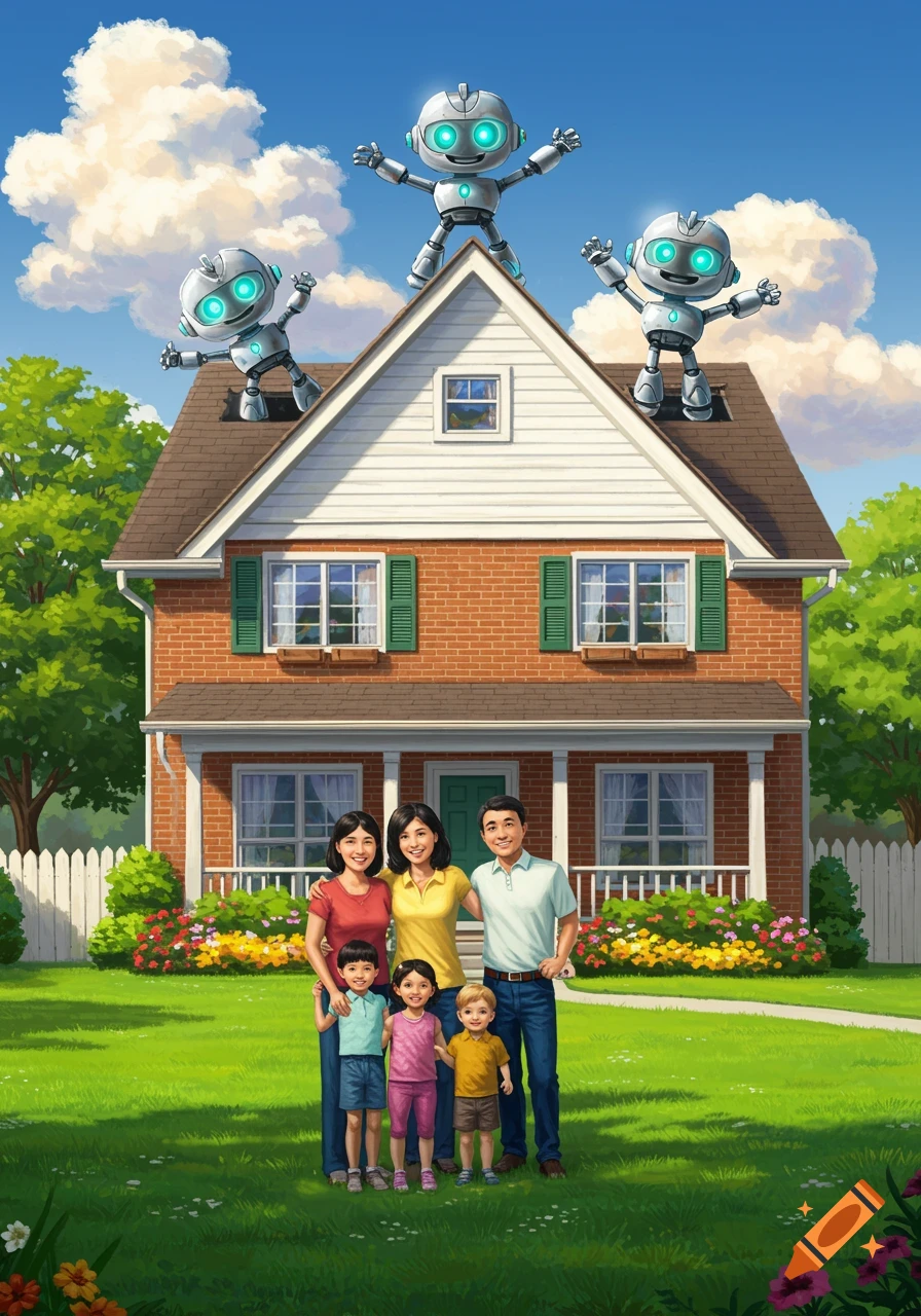 An illustration of a smiling family on a lawn in front of a suburban house, with three small, glowing robots on the roof.