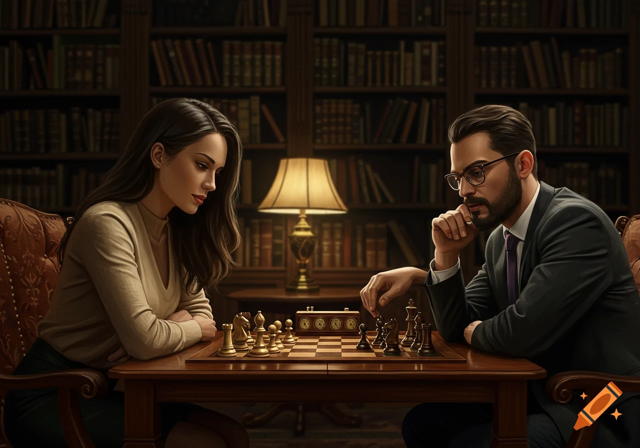 A realistic image of a man and a woman intently playing chess at a wooden table in a library setting.