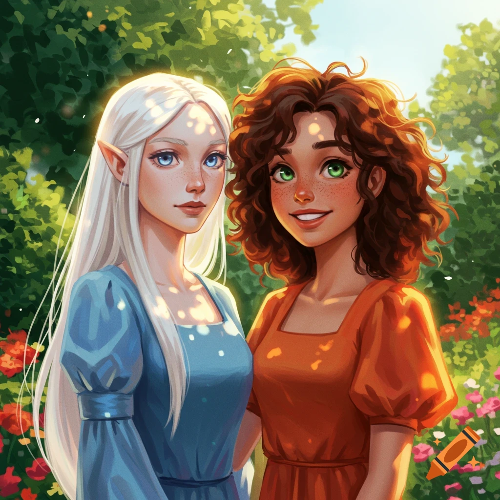 An illustration of two young women in a sunny garden, one with long white hair and elf ears, the other with brown curly hair and freckles.