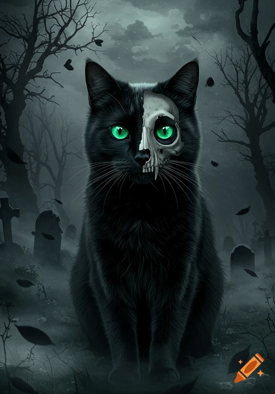 A black cat with one half of its face as a skull and bright green eyes sits in a misty graveyard with bare trees and tombstones.