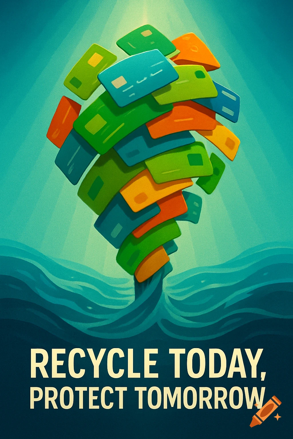 Stylized illustration of colorful plastic cards forming a tree-like shape rising from ocean waves, with text 'RECYCLE TODAY, PROTECT TOMORROW'.