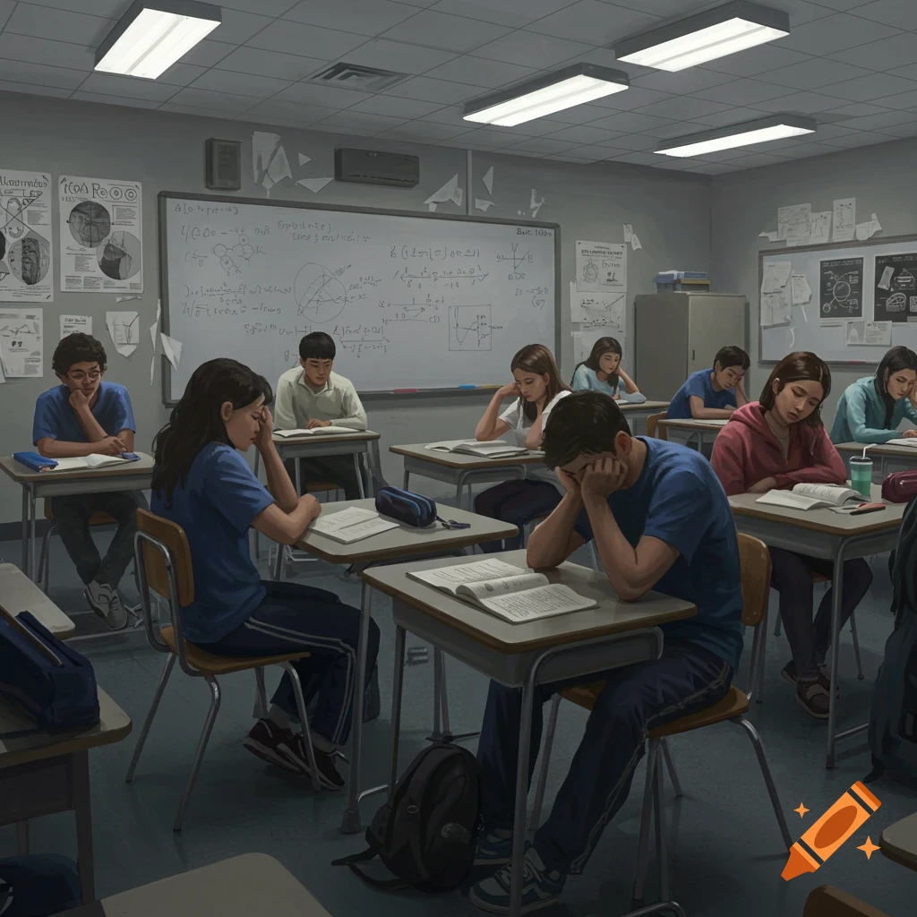 High school students in a classroom appear bored and stressed while studying, with a whiteboard in the background.