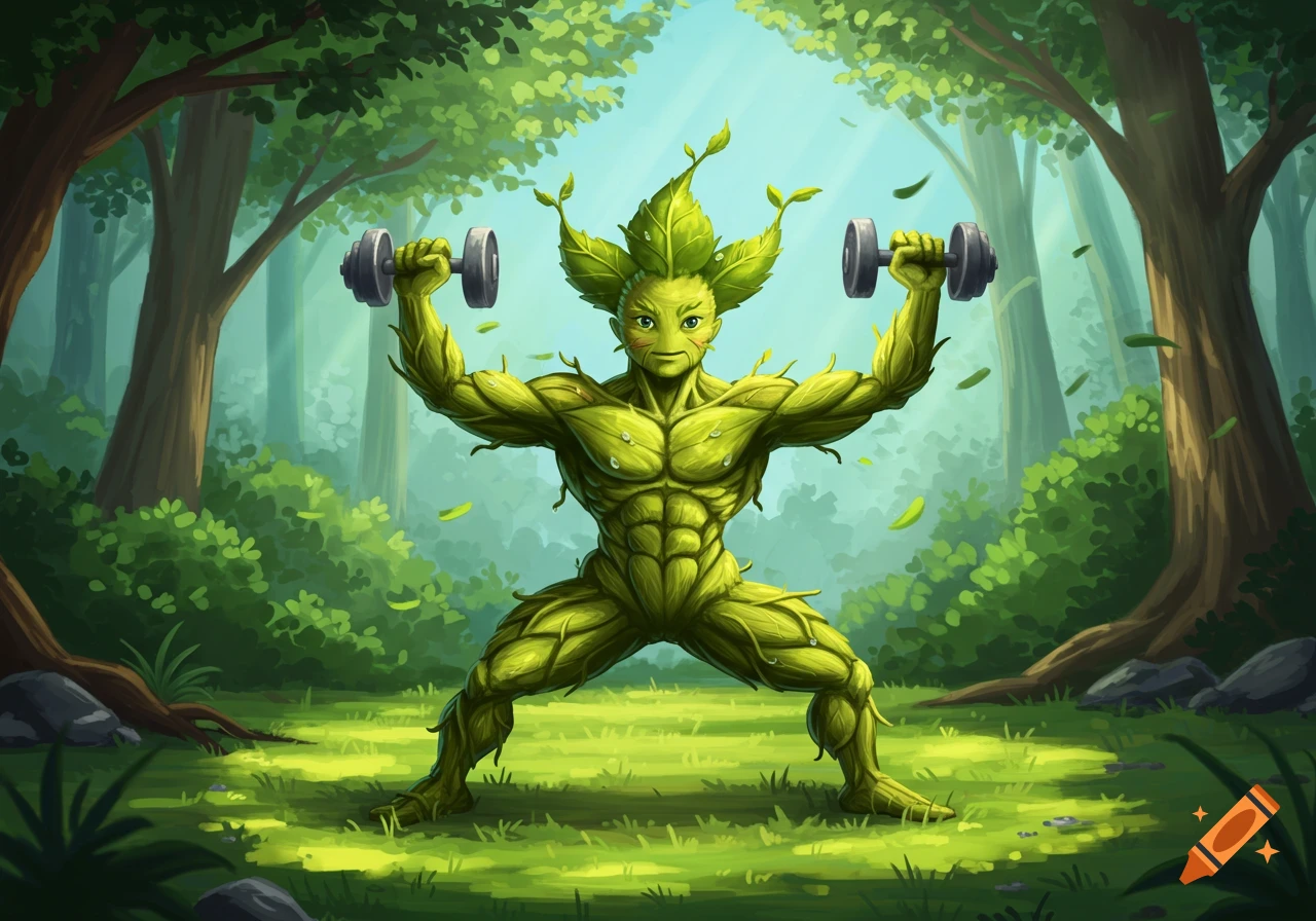 A muscular, green plant creature with leaves for skin lifts dumbbells in a vibrant, lush forest. Illustrated.