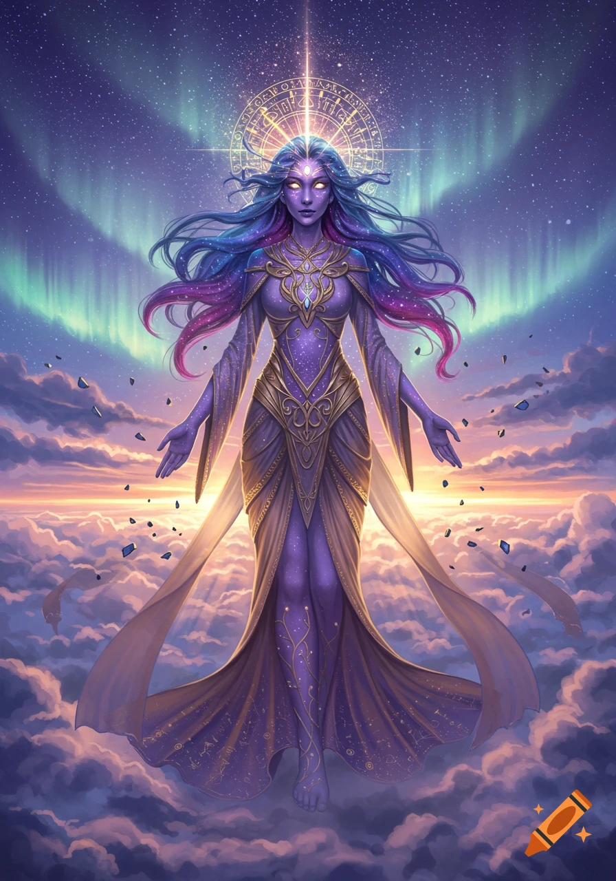 A cosmic goddess with purple skin and galaxy-like hair stands on clouds, surrounded by an aurora and stars, with a glowing halo.