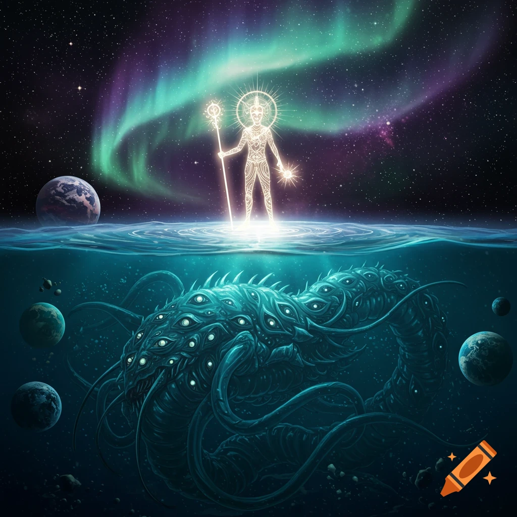 Cosmic illustration of a radiant, glowing humanoid figure standing on a shimmering water surface under an aurora, with a colossal multi-eyed leviathan lurking below, surrounded by planets in deep space.