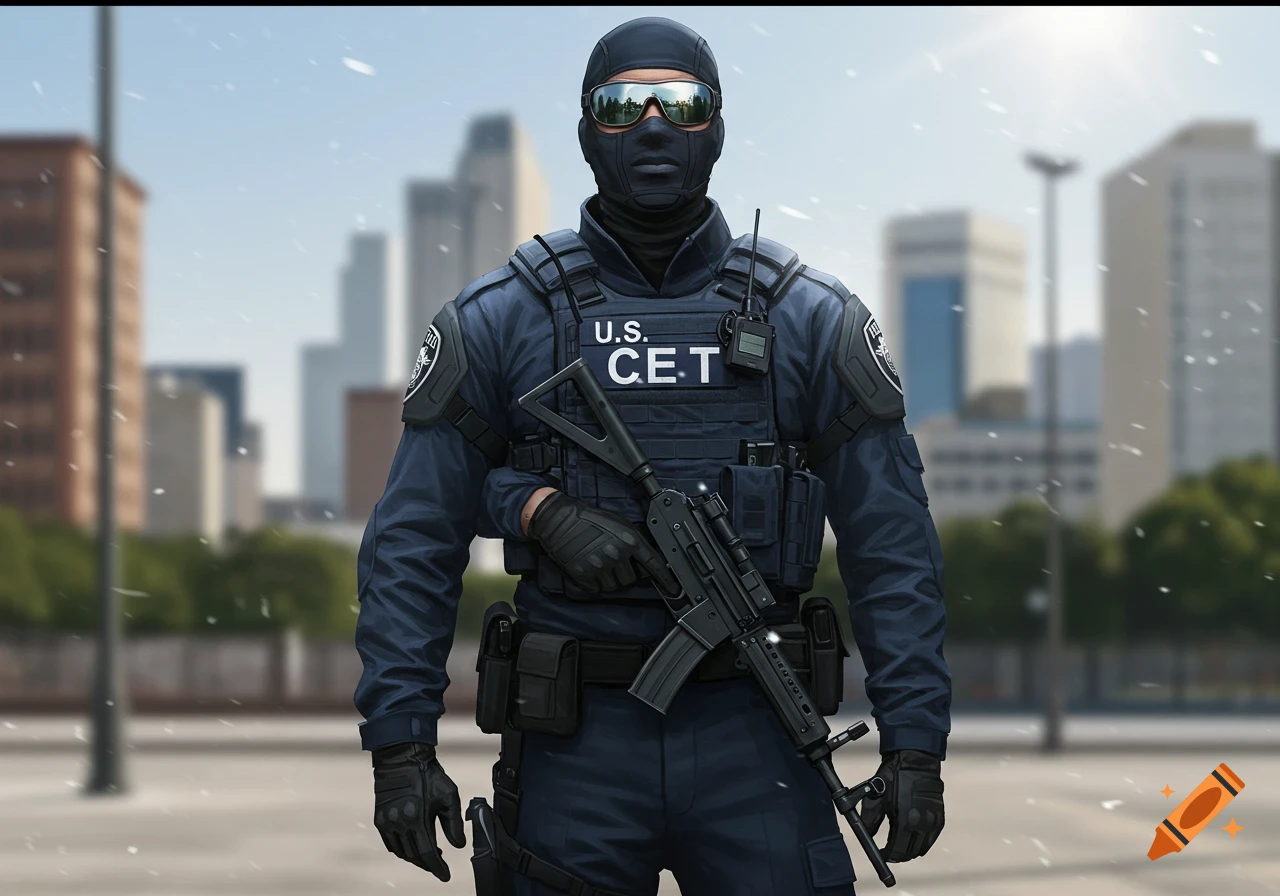 A masked and armored US law enforcement agent in a tactical vest, sunglasses, and balaclava holds a rifle, standing outdoors in a city.