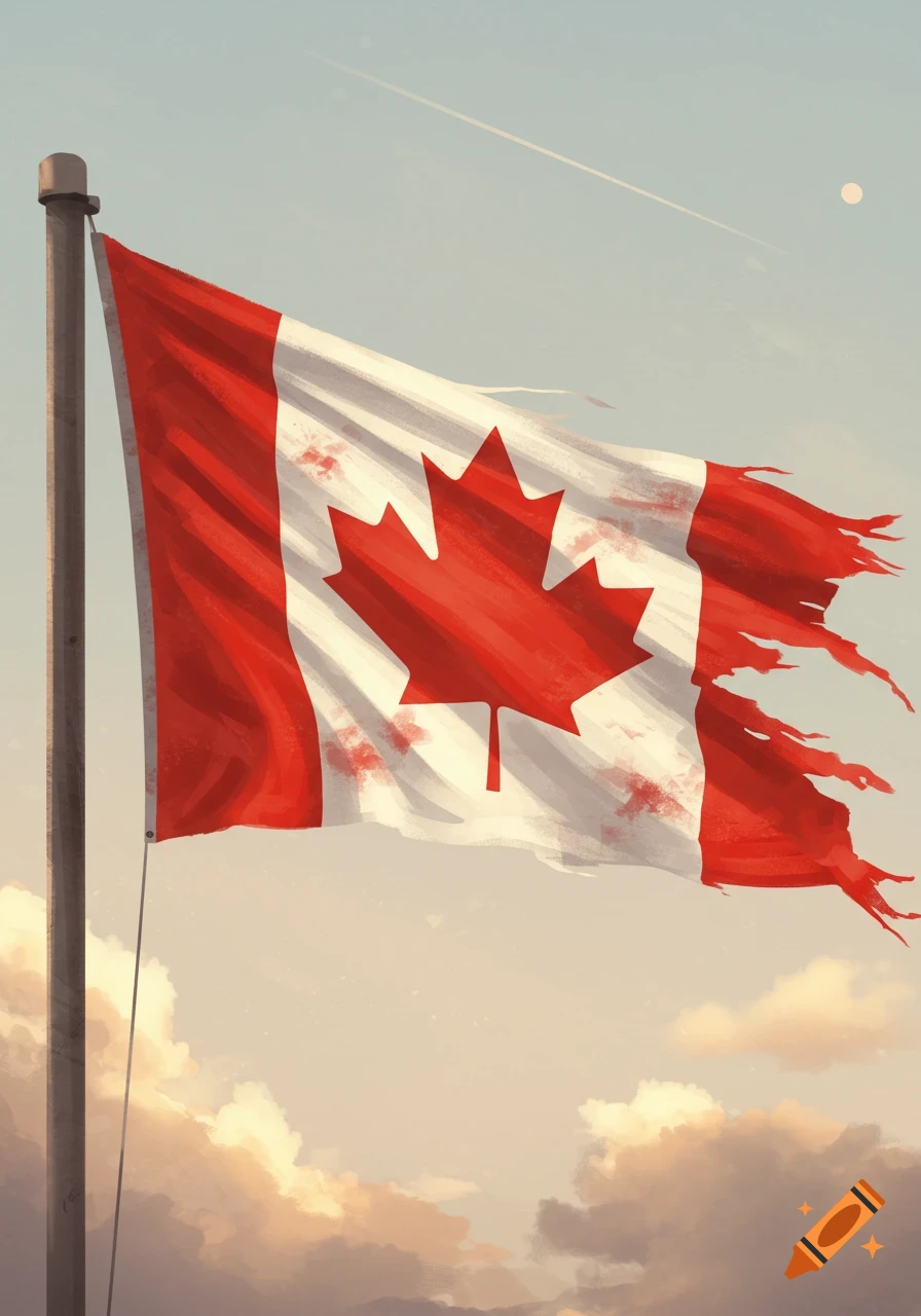 A tattered Canadian flag, with rips and stains, waves from a flagpole against a cloudy sky with a faint sun and contrail.