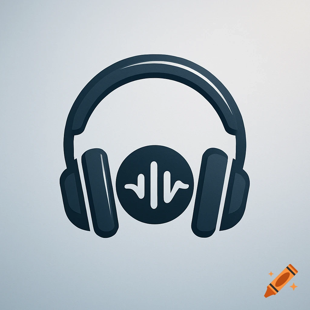 A dark blue icon of headphones with a white sound wave symbol in the center, against a light gray background.