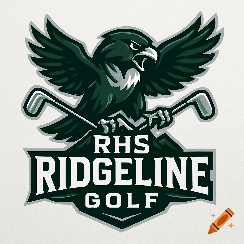Dark green falcon logo for Ridgeline Golf with golf clubs and text 'RHS RIDGELINE GOLF'.