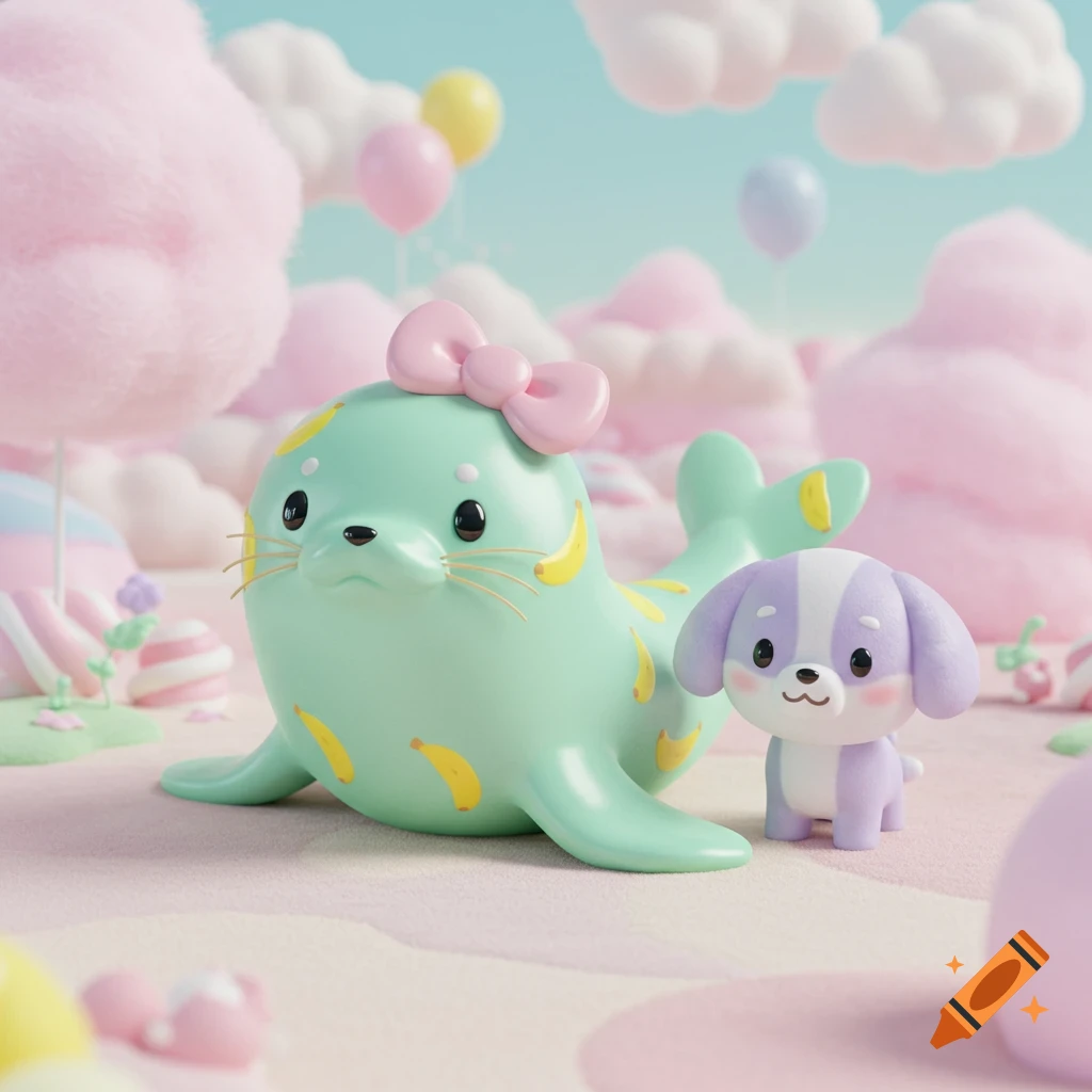 A cute 3D rendering of a mint green seal with bananas and a pink bow, beside a small purple and white dog, in a pastel candy land.