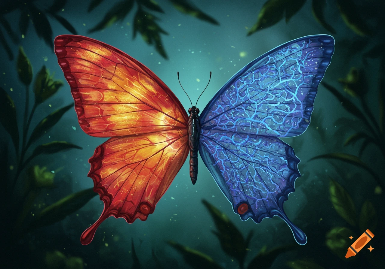 A stylized butterfly with one wing fiery orange and the other intricate blue, set against a dark, mystical background with glowing particles and silhouetted foliage.