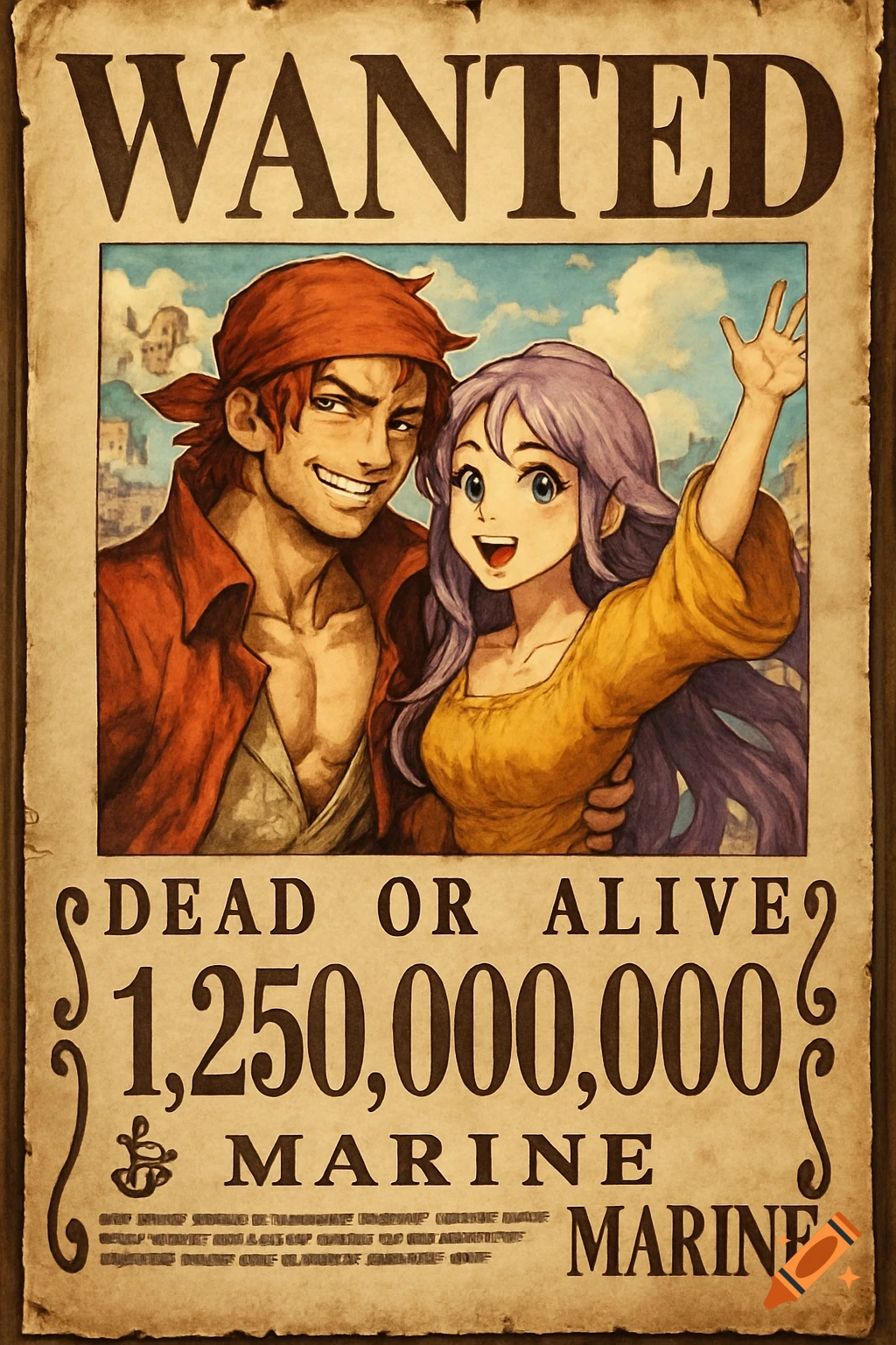 A One Piece style wanted poster features a smiling man in a red bandana and a smiling woman with purple hair, set against a town backdrop.