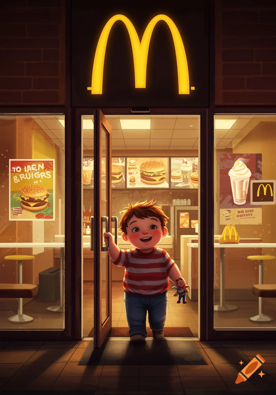 A smiling cartoon child with a red striped shirt stands at the open door of a brightly lit McDonald's restaurant.