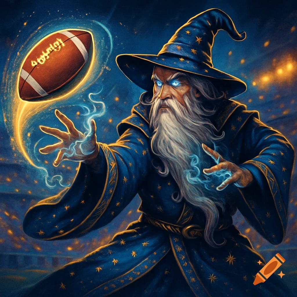 A powerful wizard with glowing blue eyes and a long white beard conjures an American football with magical energy, set against a dark, star-filled sky in a vibrant digital art style.