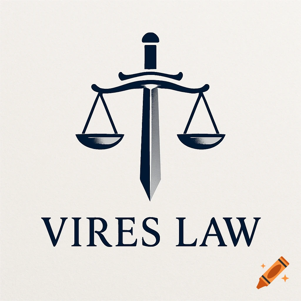 A logo for Vires Law featuring a sword vertically balancing scales of justice.