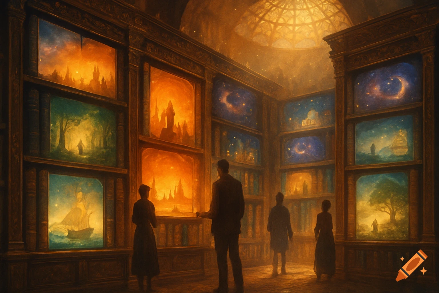 People observe glowing panels depicting fantastical scenes in a grand, dimly lit library, under a domed ceiling.
