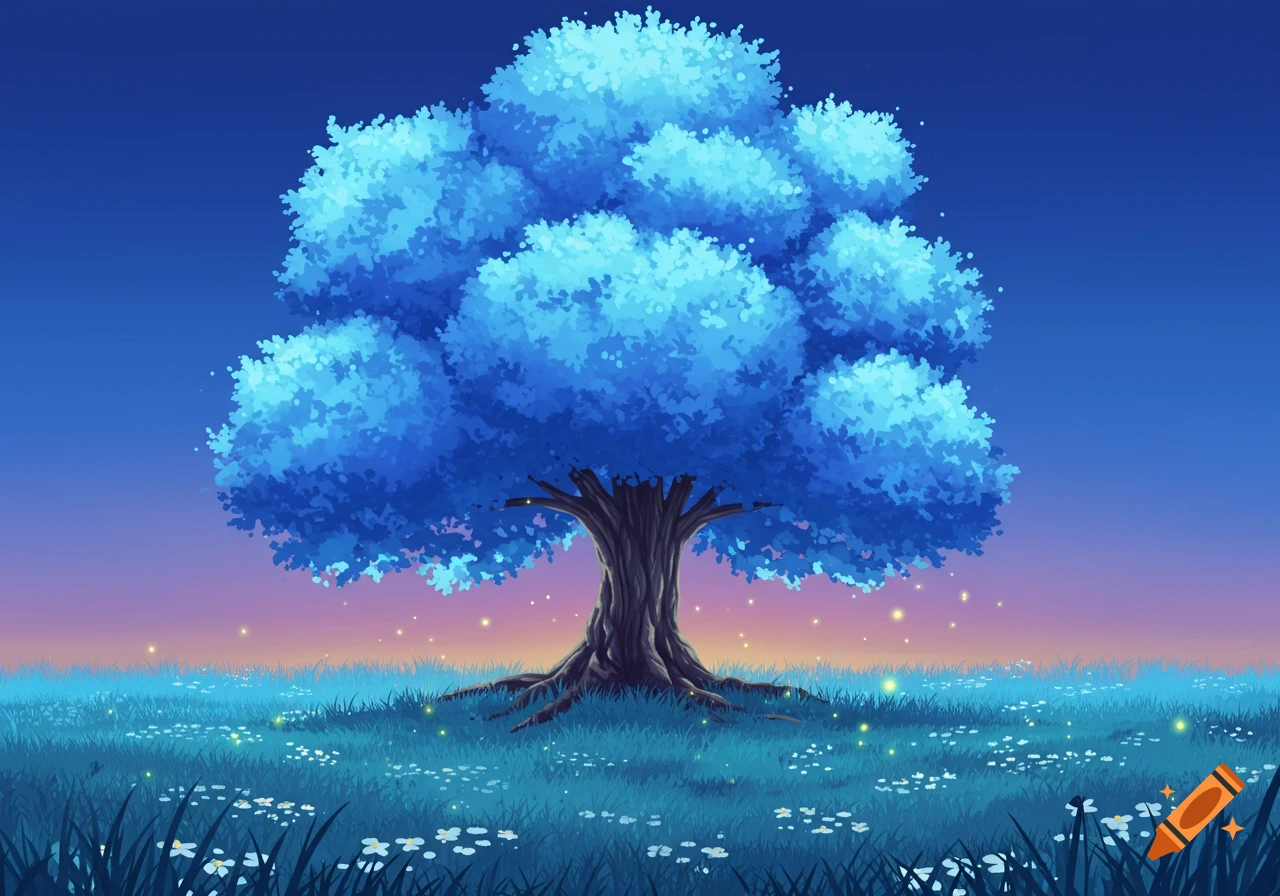 A vibrant blue tree stands prominently in a field of blue-green grass with white flowers, under a twilight sky, in a fantastical illustration style.