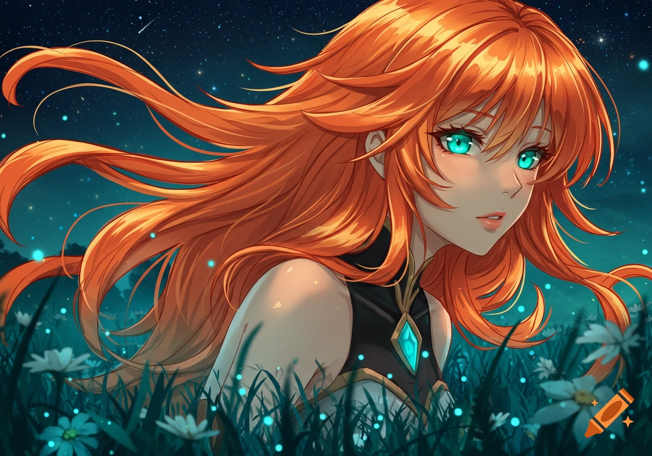 An anime woman with long orange hair and glowing teal eyes in a field of glowing flowers under a starry night sky.