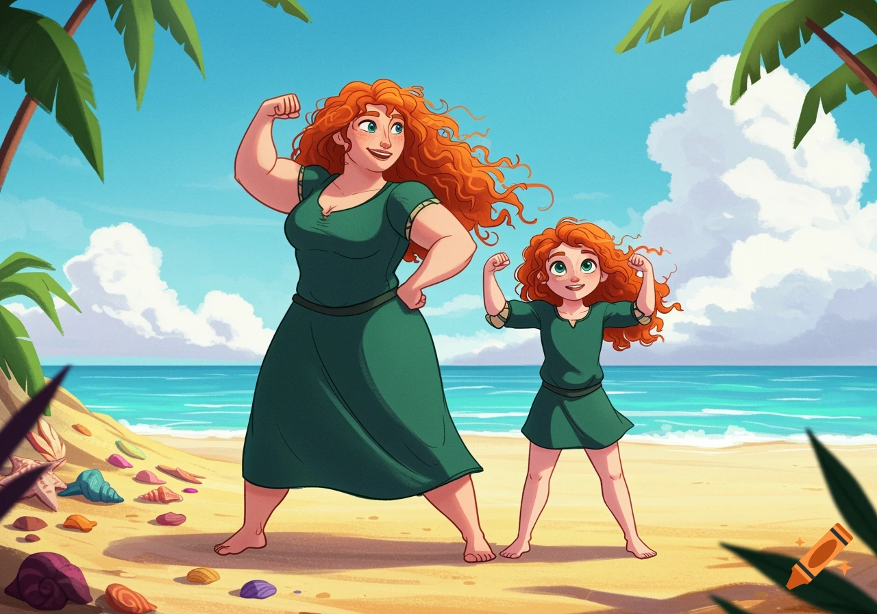 A cartoon mother and daughter with curly red hair, resembling characters from Brave, flexing their muscles on a sunny beach.