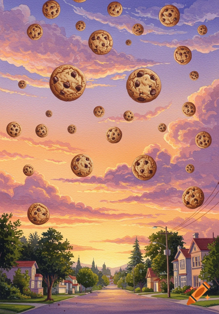 Watercolor painting of chocolate chip cookies floating in a colorful sunset sky above a quiet neighborhood street.