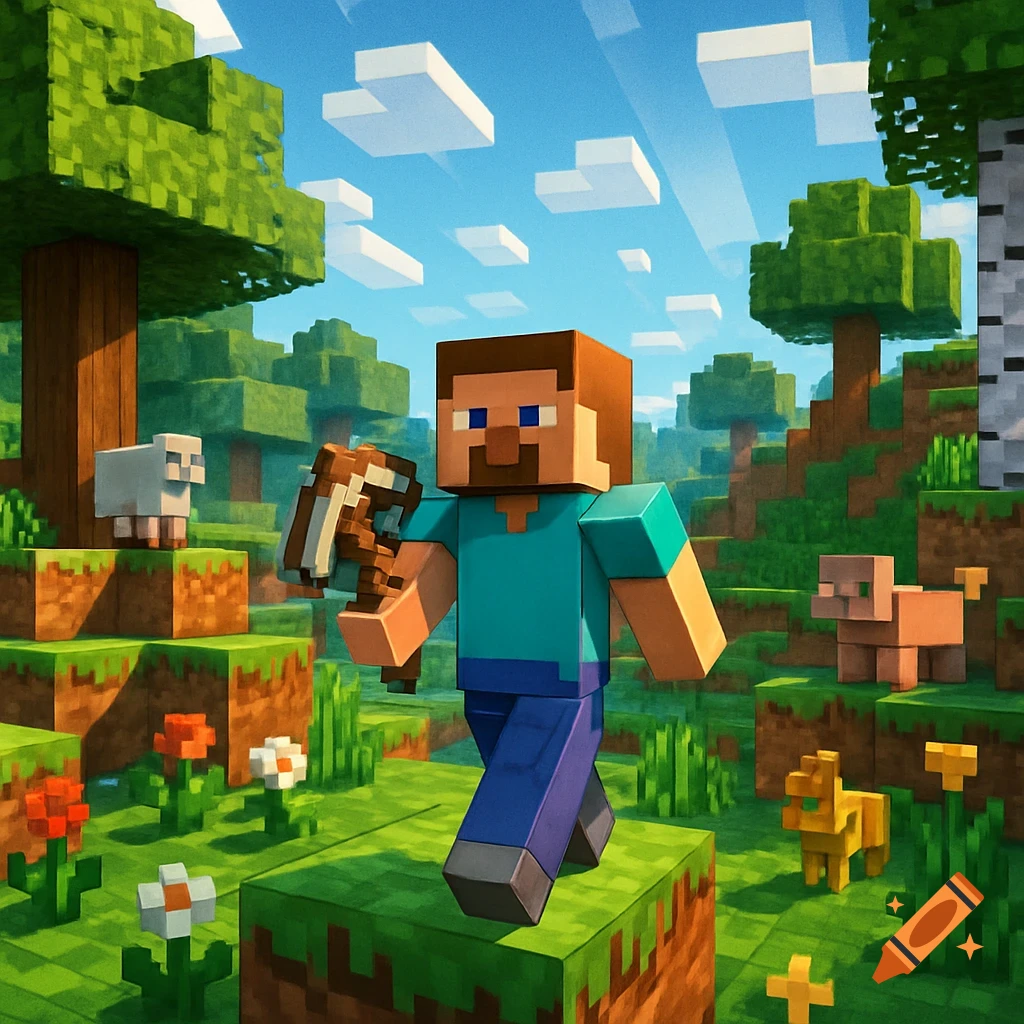 Minecraft character Steve holds a pickaxe in a blocky forest landscape with trees, sheep, and pigs under a blue sky.