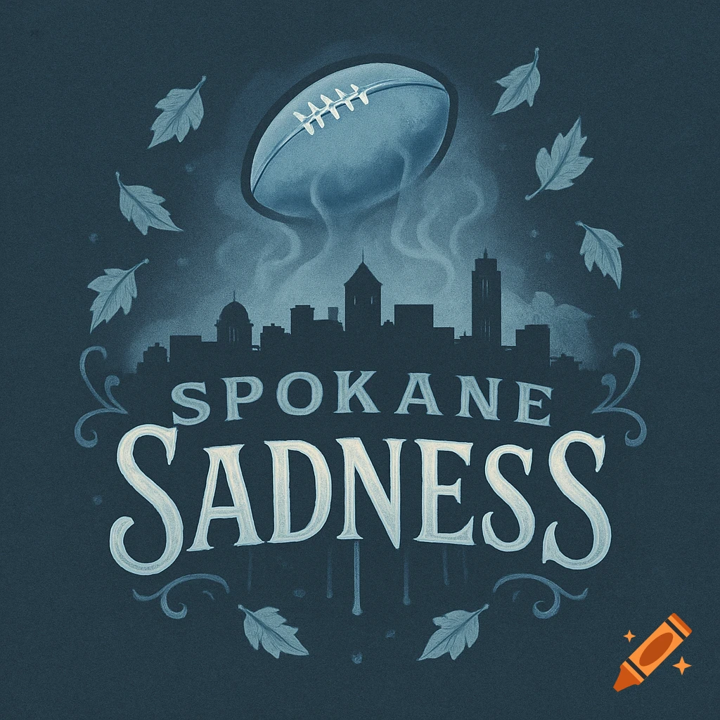 A stylized logo featuring a football above a dark city skyline, with text "SPOKANE SADNESS" and autumn leaves.