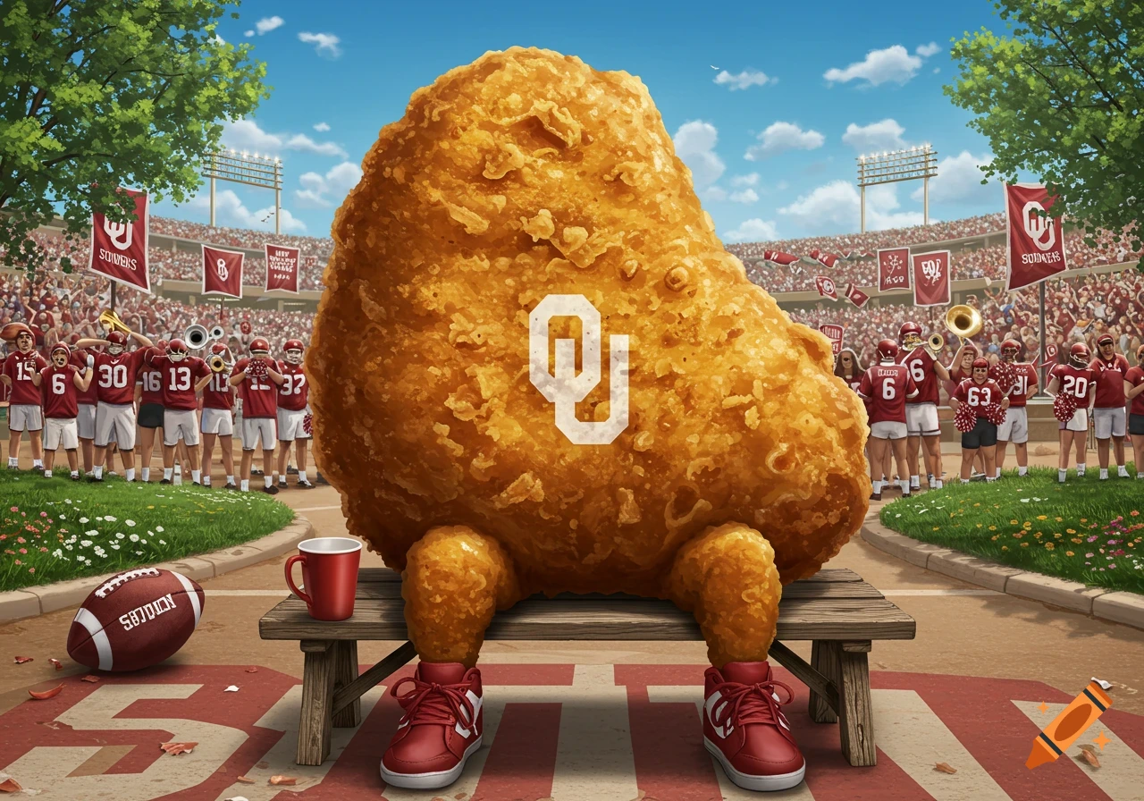A giant fried chicken nugget wearing red sneakers sits on a bench in a football stadium, with an 'OU' logo on its chest. A marching band, cheerleaders, and fans fill the stands under a blue sky.