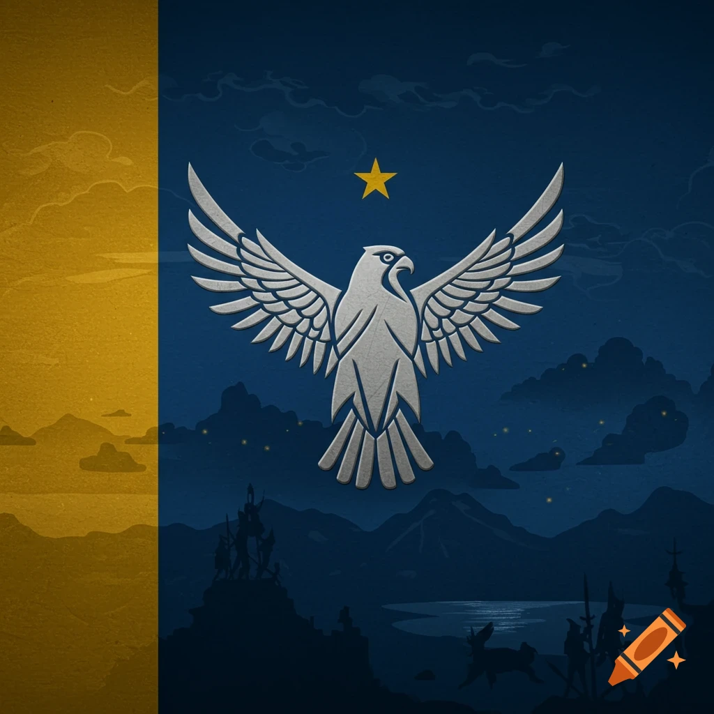 Stylized flag with a silver eagle emblem, a gold star, and a dark blue night landscape on a split gold and blue background.