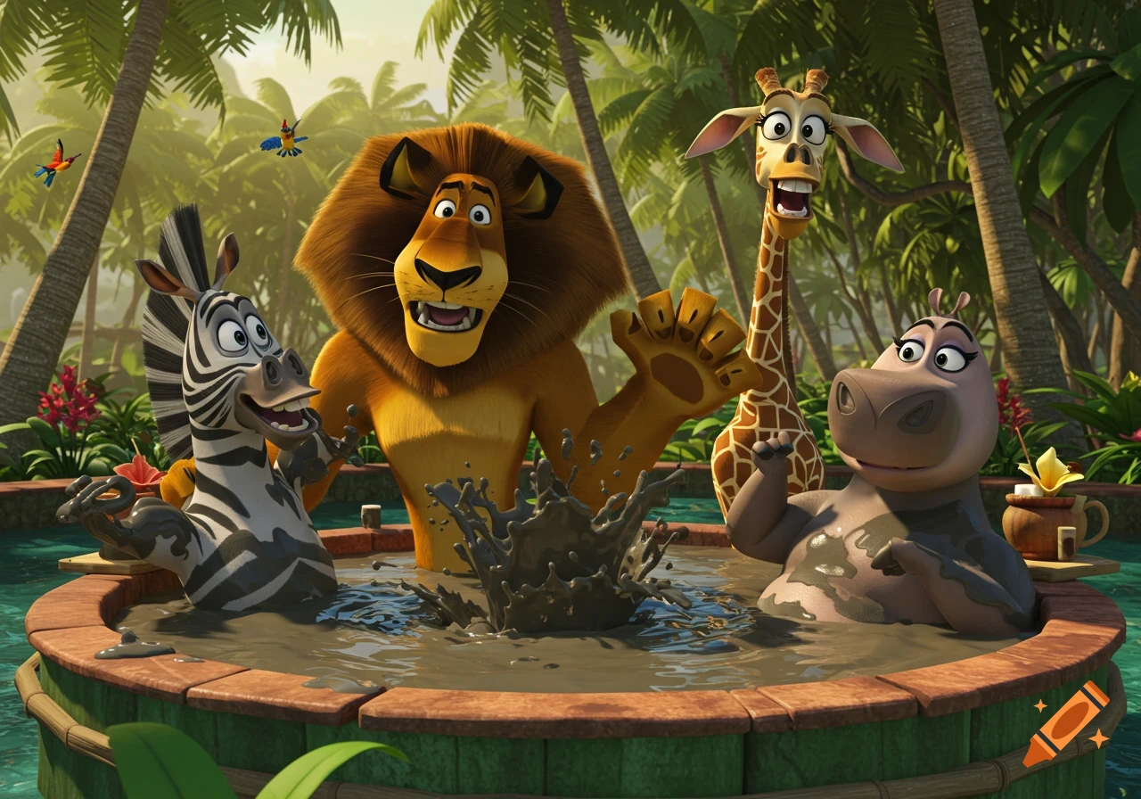 Alex the lion, Marty the zebra, Melman the giraffe, and Gloria the hippo in a mud bath in a tropical jungle.