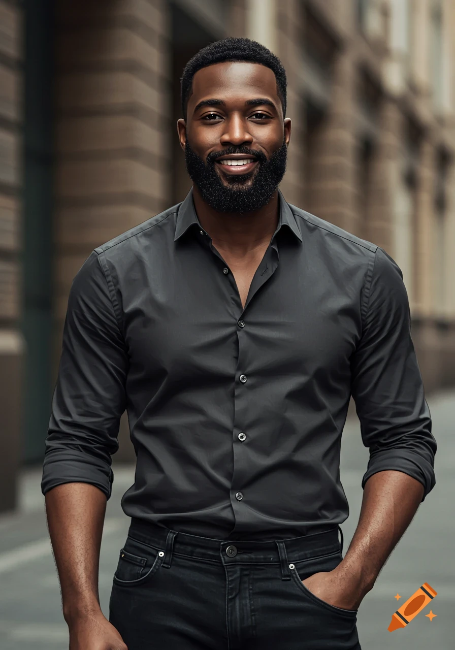 A smiling Black man with a beard and short hair, wearing a dark button-down shirt and jeans, standing on a street.