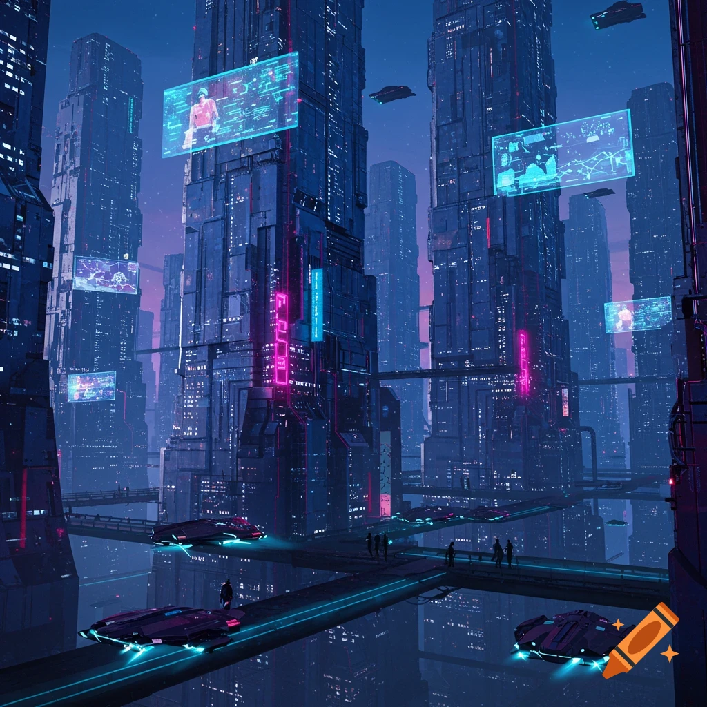 A neon-lit futuristic city at dusk with towering skyscrapers, flying vehicles, and elevated walkways over reflective surfaces.