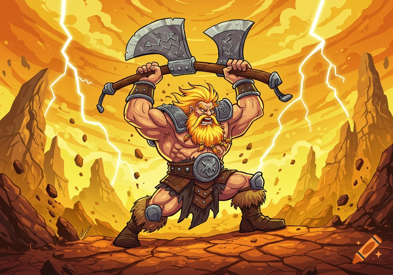 A powerful cartoon barbarian with a yellow beard and double axe stands in a lightning storm.
