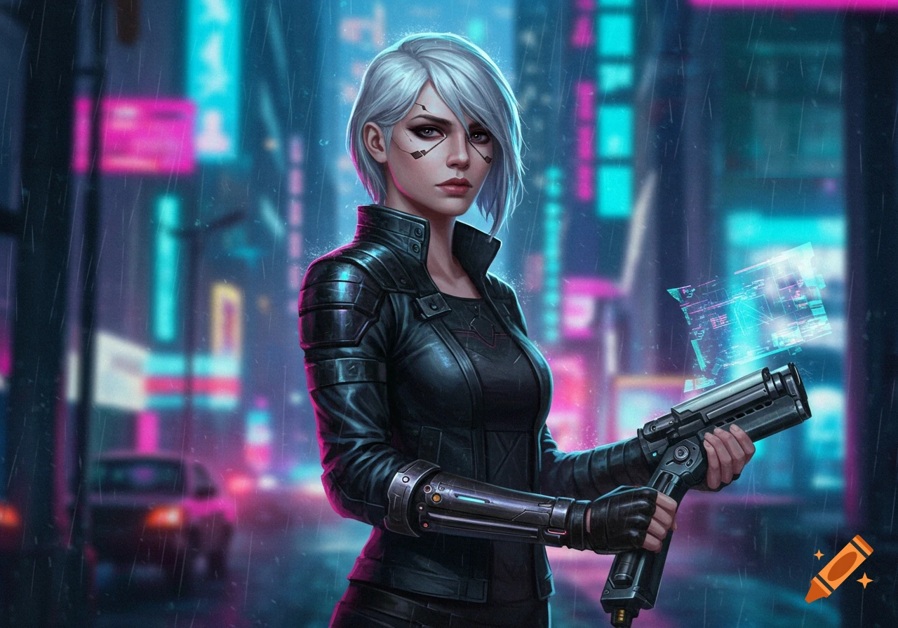 A cyberpunk woman with short white hair holds a futuristic gun and interacts with a hologram on a rainy, neon-lit street.