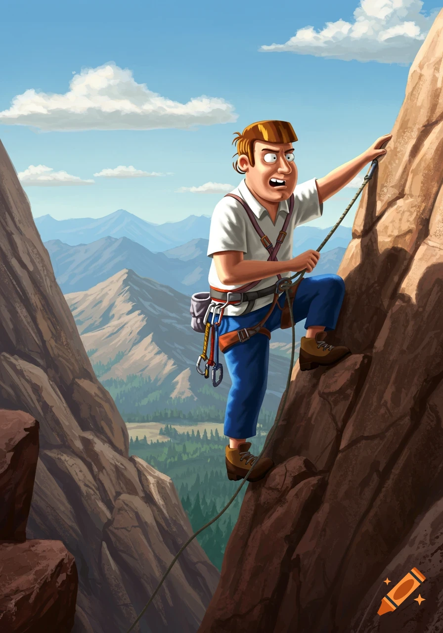 A cartoon man with a worried expression, wearing a white shirt and blue pants, climbs a steep mountain with climbing gear.
