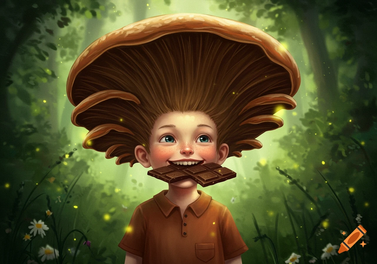 A whimsical illustration of a smiling boy with mushroom-like hair holding a chocolate bar in a magical forest.